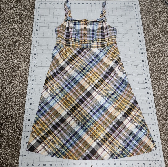Old Navy Plaid Earthy Spring Dress Bias Cut Preppy Y2K Retro Brown Yellow - Picture 9 of 12